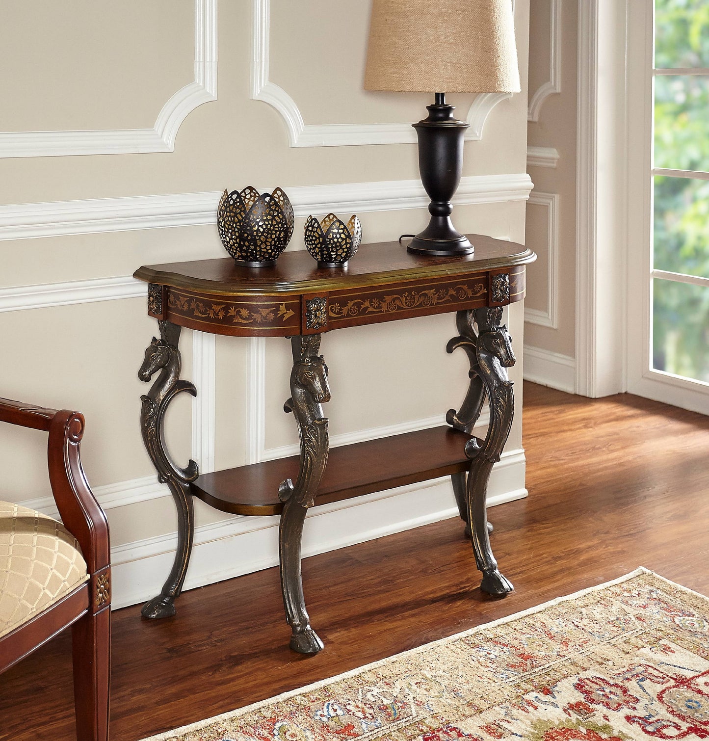 Linon Masterpiece Floral Demilune Metal and Wood Console Table in Brown