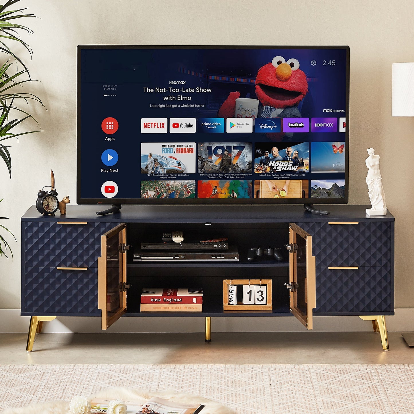 PORKISS TV Stand for TVs up to 65", Entertainment Center with Tempered Glass Door, TV Console Cabinet with 4 Drawers, TV Table Media Console Cabinet Furniture For Living Bedroom, Dark Blue