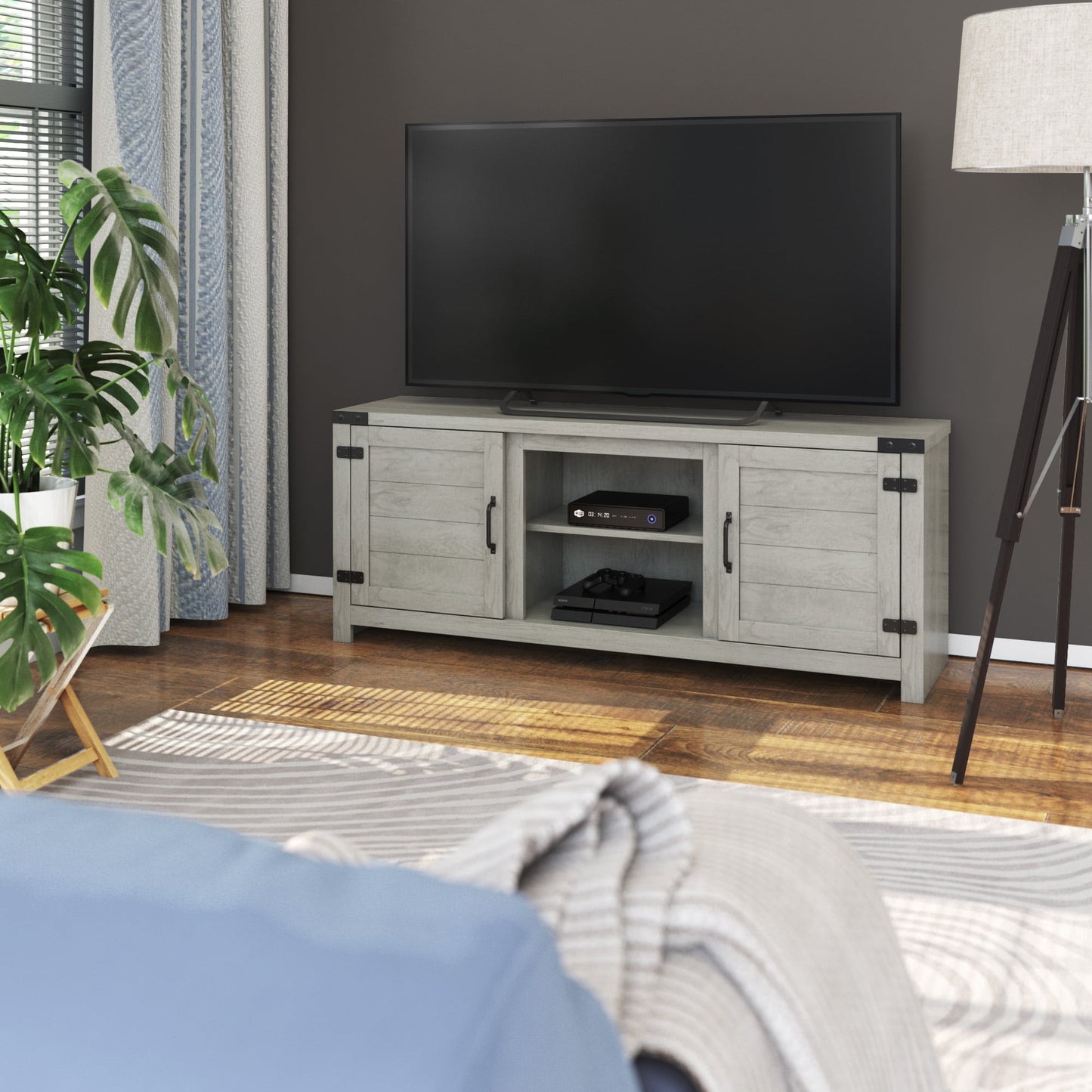 TV Stand for TVs up to 65” with Planked Doors and Nail Head Details, Weathered Gray