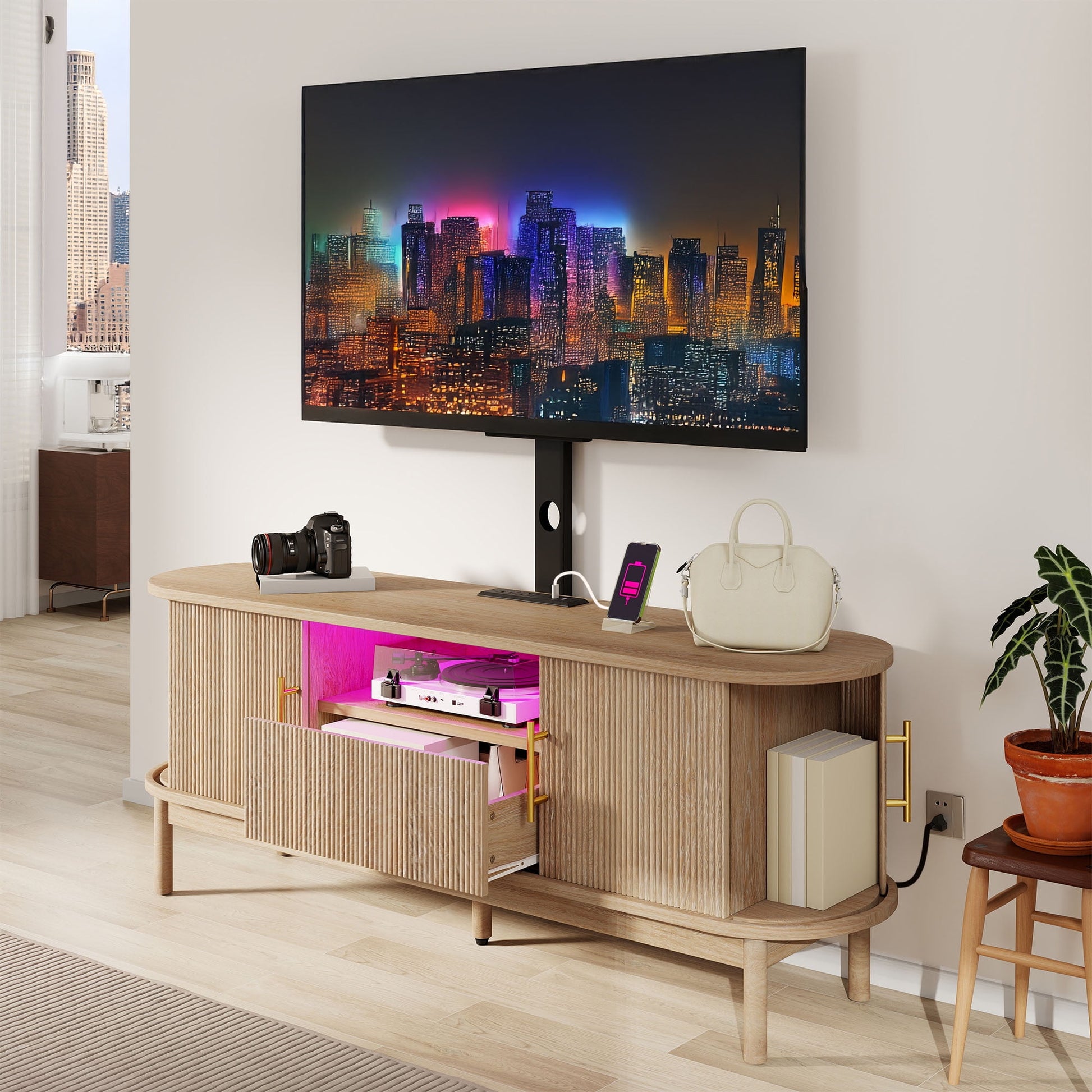 Uforic 60" TV Stand with Mount for 32-75" TVs, Height Adjustable Fluted Entertainment Center, Oak