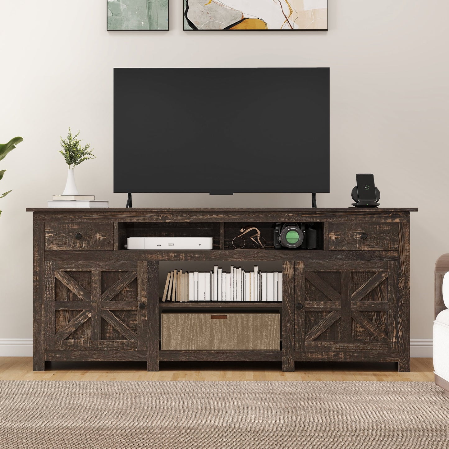 Uforic 70'' Farmhouse TV Stand, Entertainment Center with 2 Shelves, Suitable for TVs up to 80'',Oak