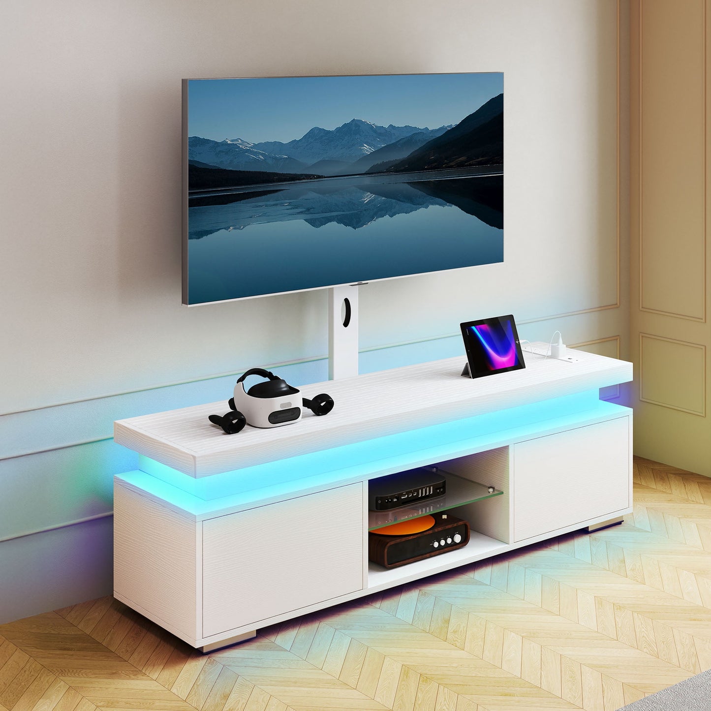 Uforic White TV Stand with Mount for 65" TVs, LED Media Console with Power Outlet, Height Adjustable