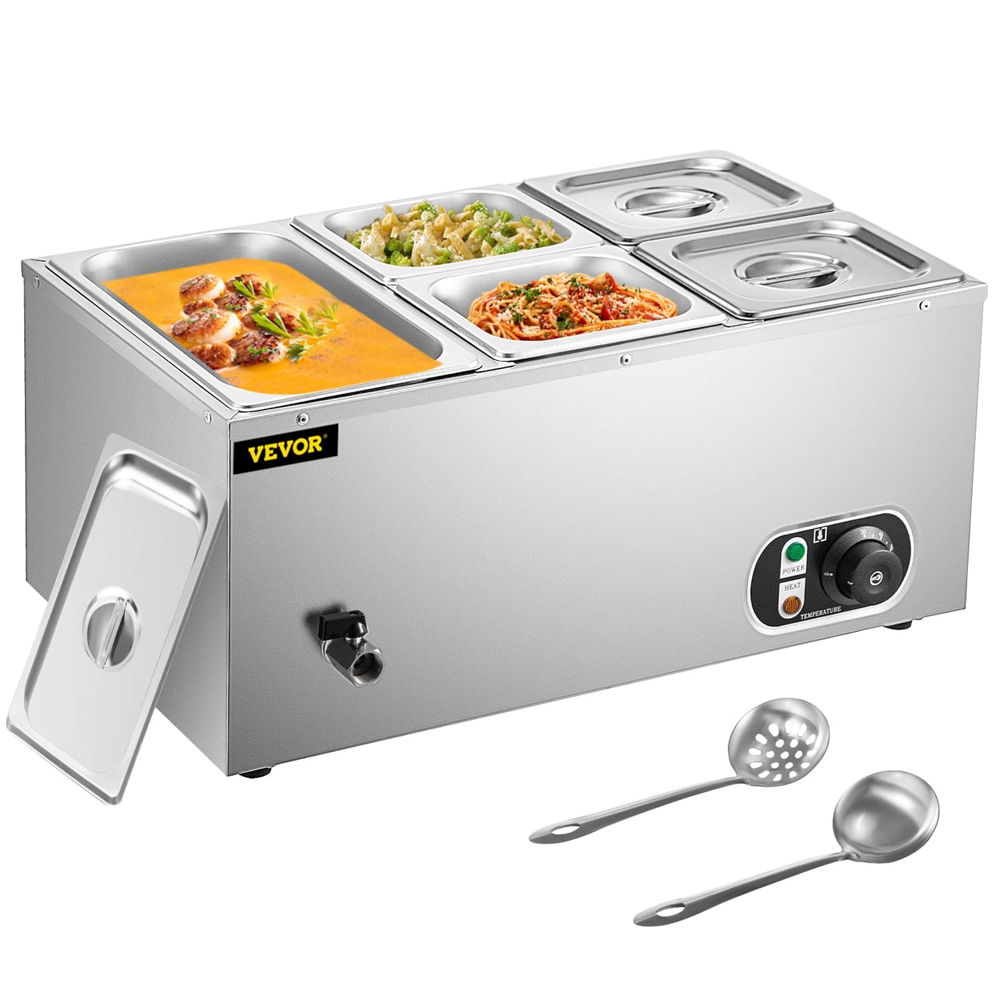 VEVORbrand Commercial Food Warmer 1x1/3GN and 4x1/6GN, 5-Pan Stainless Steel Bain Marie 24 Quart Capacity,1500W Steam Table 15cm/6inch Deep, Electric Food Warmer with Lid for Catering Restaurants