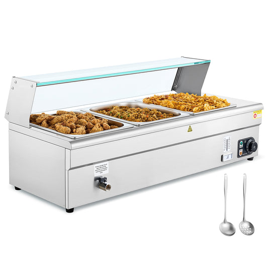 WILPREP Commercial Food Warmer with 3 1/2 Pans & Lids Sneeze Guards Drain Valve