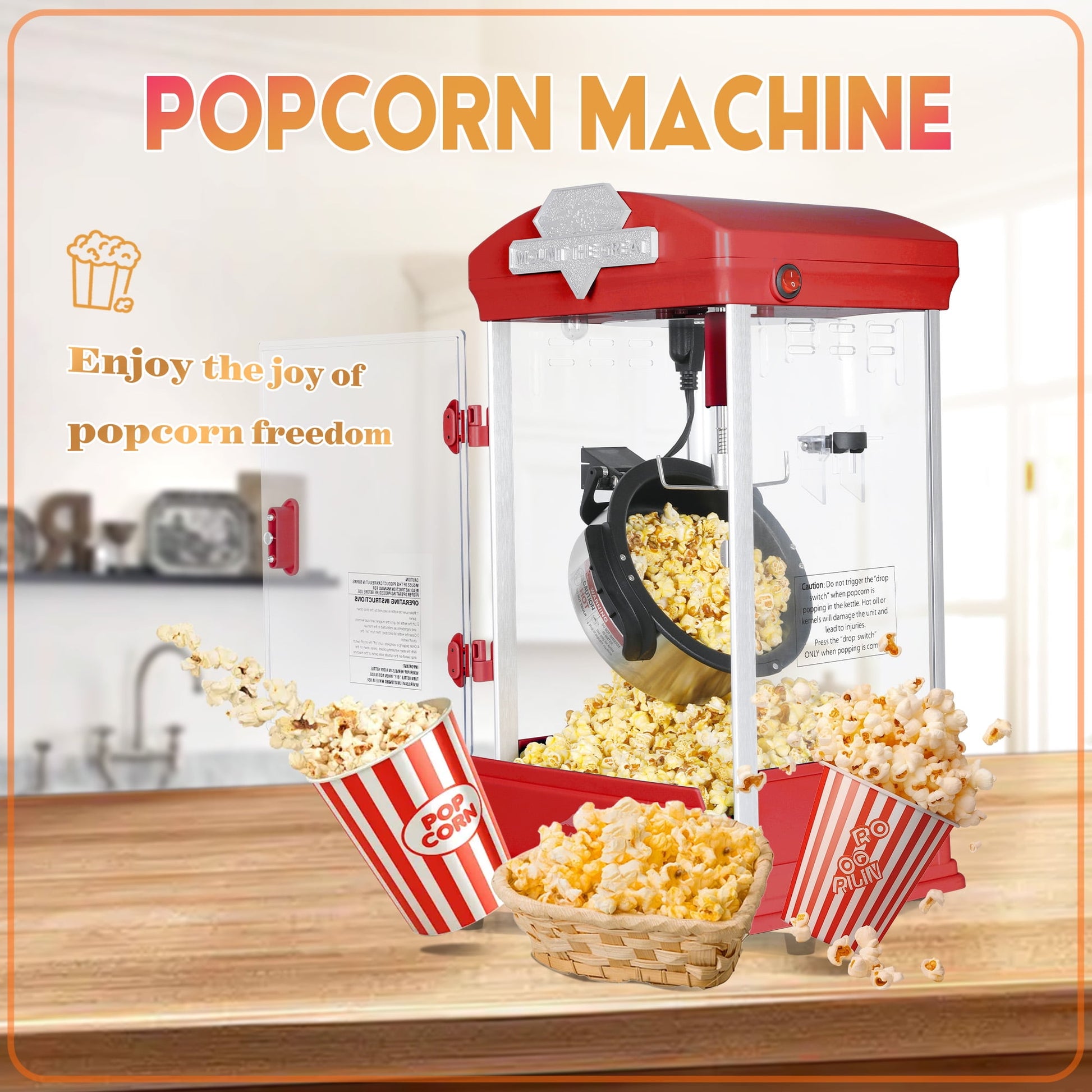 Yoneston 8 oz Commercial Countertop Popcorn Machine, 600W Kettle Popcorn Maker, Container Produces 2 Gallon per Cycle, Comes with 3 Ladles for Home Moive Parties, Red