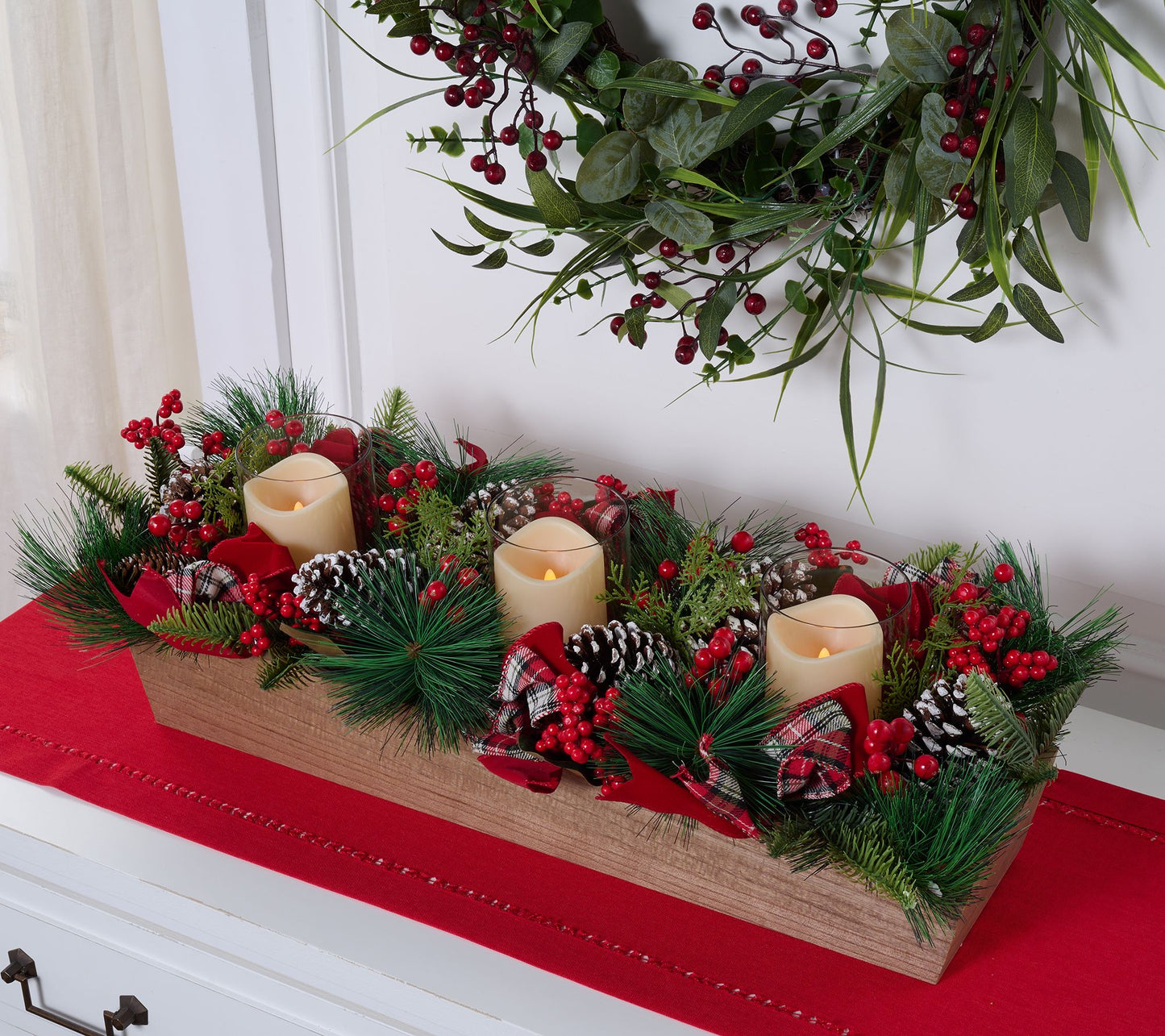 36" Illuminated Berries and Pinecones Centerpiece by Valerie