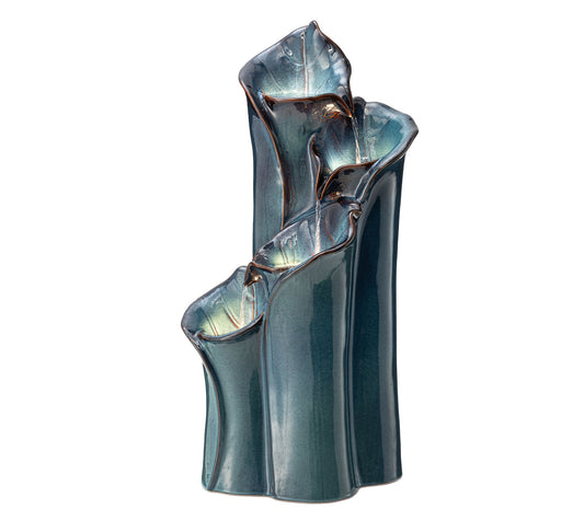 Glitzhome 4-Tiered Lotus Leaf LED Lit Ceramic Outdoor Fountain