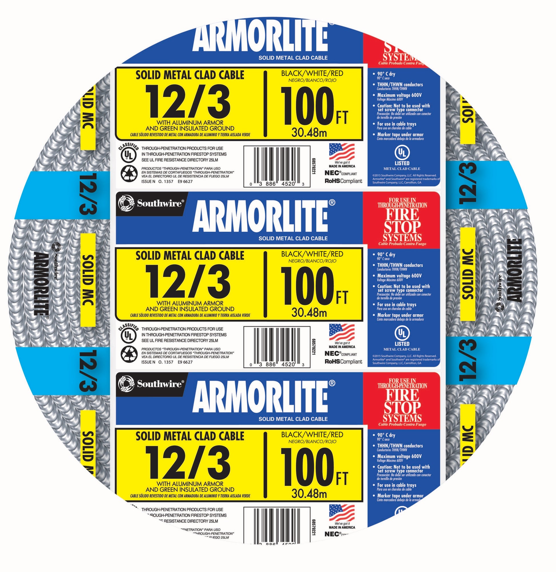 Southwire Armorlite 100-ft 12/3 Solid Aluminum MC (Metal Clad) Cable 68583423