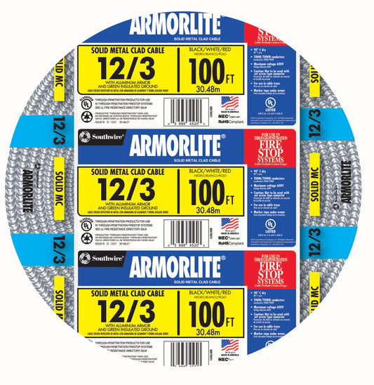 Southwire Armorlite 100-ft 12/3 Solid Aluminum MC (Metal Clad) Cable 68583423