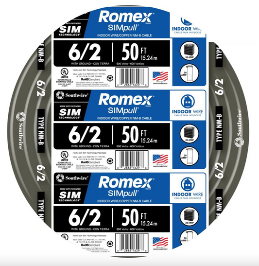 Southwire 50-ft 6/2 Romex SIMpull Solid Indoor CU NM-B W/G Individual Pack (By-the-roll) 28894422