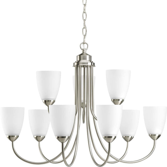 Progress Lighting Gather 9 -Light Brushed Nickel Transitional For Use in Bedrooms, Dining Rooms, Foyers, Kitchens, Living Rooms Chandelier 558795