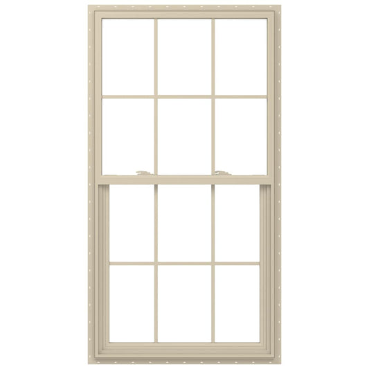 JELD-WEN V-2500 Almond Exterior Vinyl New construction Single Hung Window Low-E argon Double Pane Glass with Grids, (Half Screen Included)