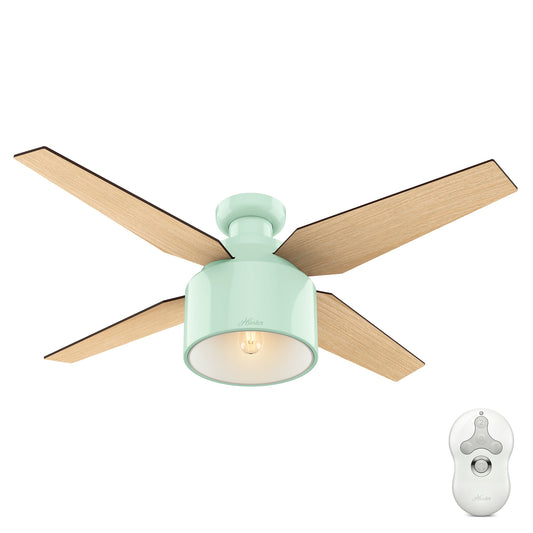 Hunter Cranbrook 52-in Flush Mount Mint Green with Blonde Oak/Mid Century Walnut Blades With Light and Remote ( 4 -Blade ) 813936