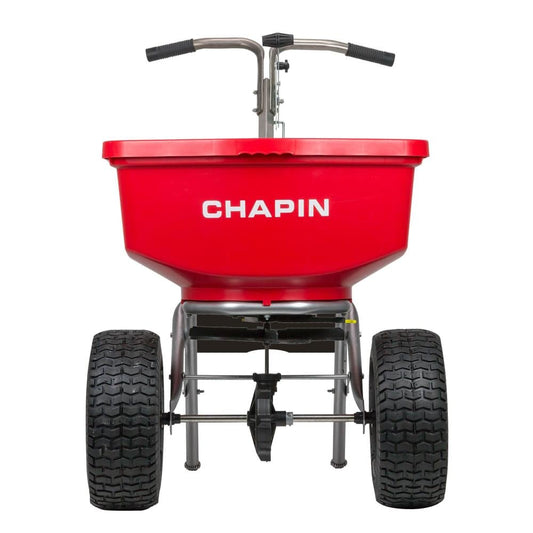 Chapin 8400C 100-lb Capacity Broadcast Push Spreader for Fertilizer, Seed, and Ice Melt - 18ft Spread Width, Pneumatic Tires 8400C