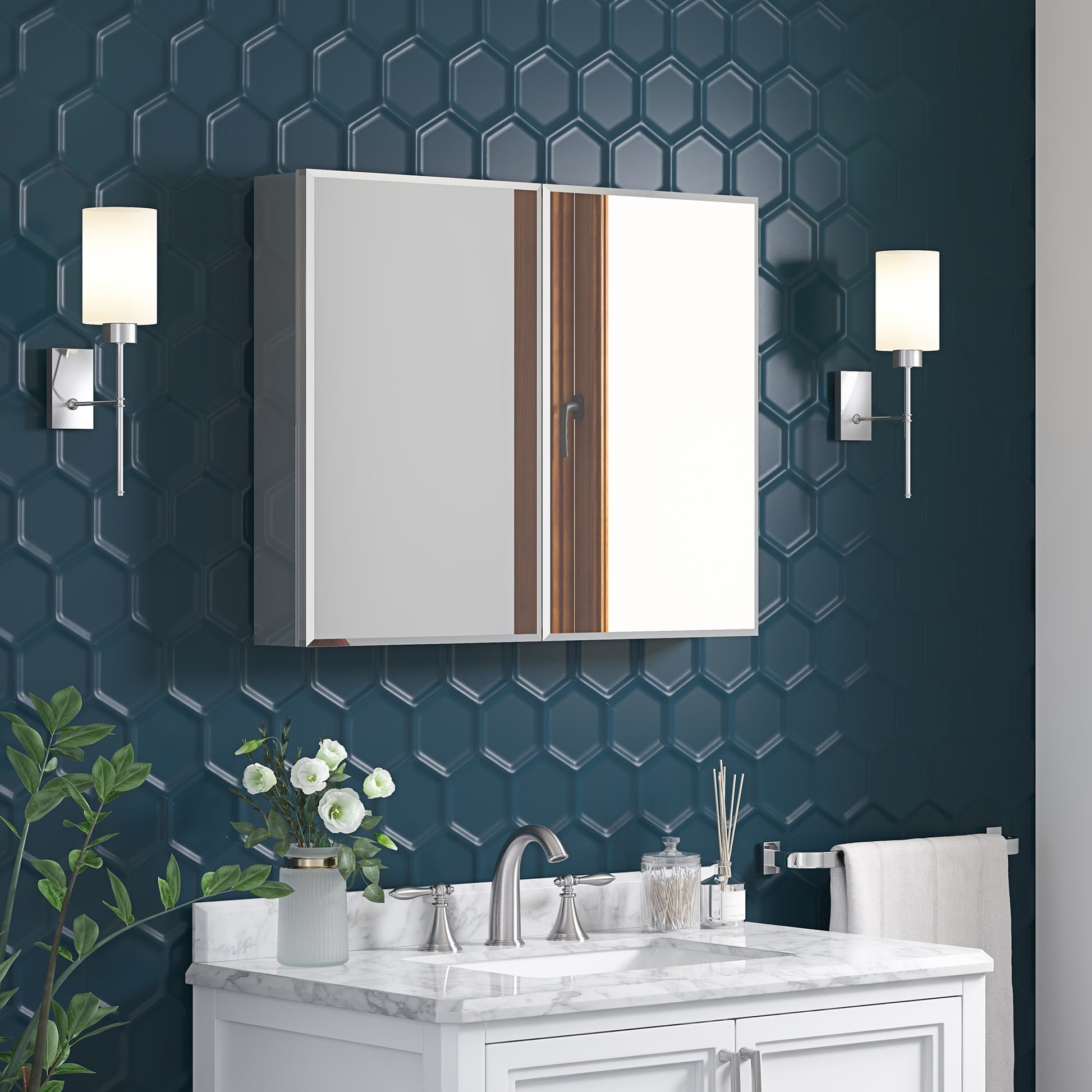 OVE Decors Galway 30-in x 24-in Surface/Recessed Mount Aluminum Mirrored Rectangle Soft Close Medicine Cabinet