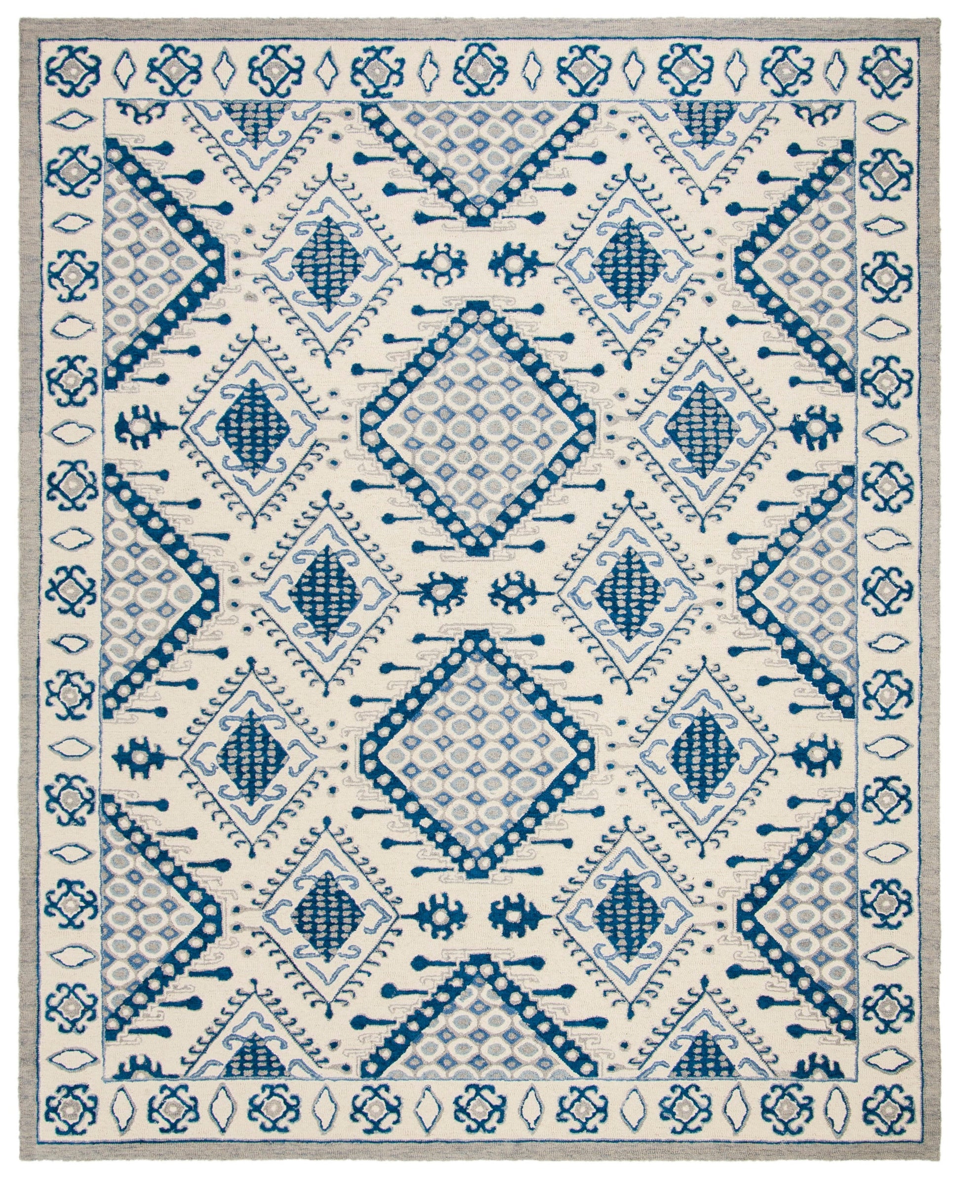 Safavieh Micro-Loop Pasha 8 x 10 (ft) Tufted Wool Ivory/Blue Rectangular Indoor Floral/Botanical Southwestern Area rug