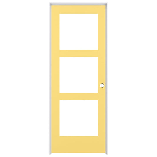 RELIABILT 28-in x 80-in Marigold Solid core 3-panel square Frosted glass Left hand Smooth Prefinished Pine Wood Flat Jamb Single Prehung Interior Door