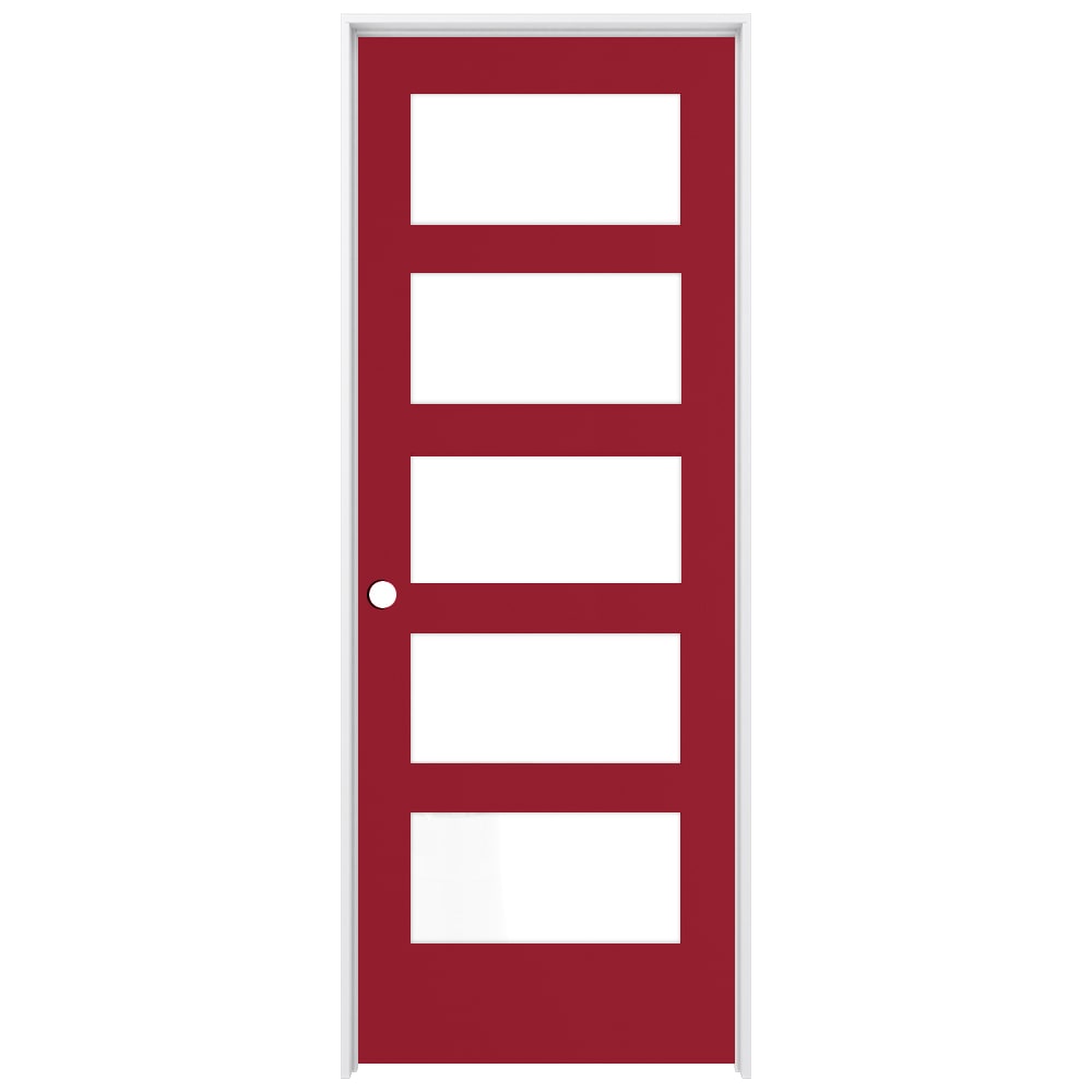 RELIABILT 28-in x 80-in Barn Red Solid core 5-panel equal Frosted glass Right hand Smooth Prefinished Pine Wood Flat Jamb Single Prehung Interior Door