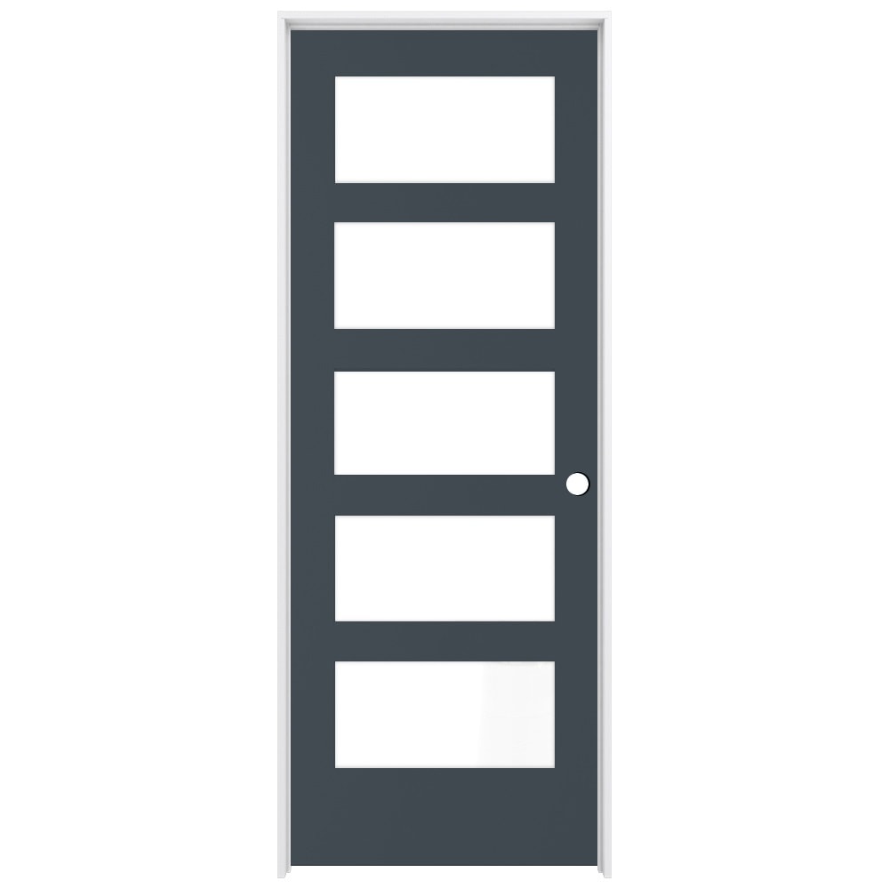 RELIABILT 28-in x 80-in Steele Gray Solid core 5-panel equal Frosted glass Left hand Smooth Prefinished Pine Wood Flat Jamb Single Prehung Interior Door