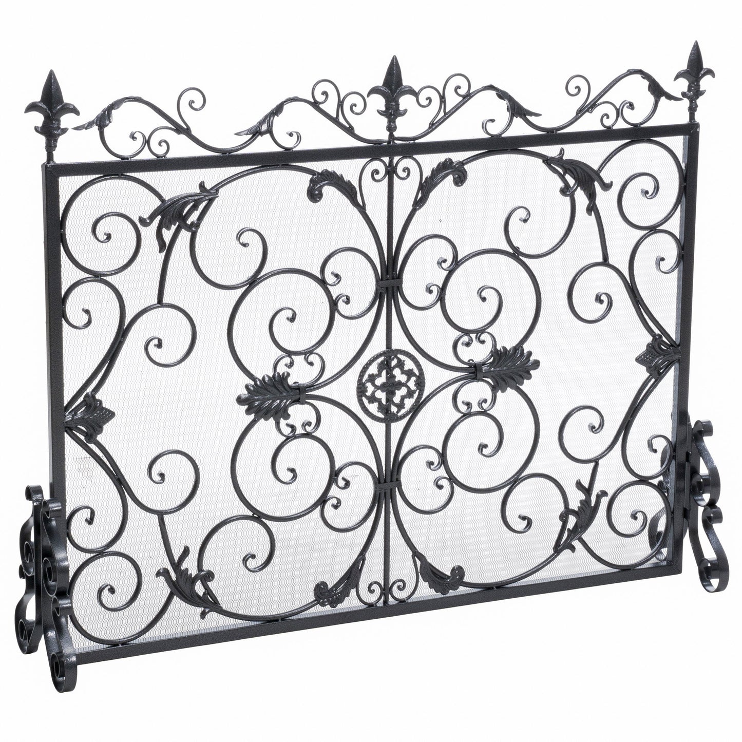 Home Decor Wilmington Fireplace Screen - Silver Flower on Black - Iron - Up to 28-in - Scroll Design 295449