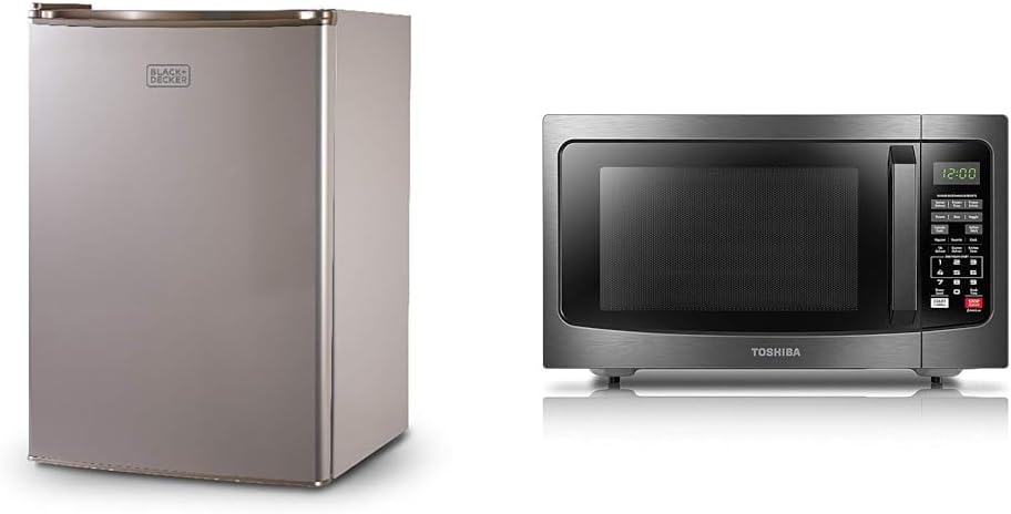 BLACK+DECKER 2.5 Cu Ft Compact Refrigerator Bundle with Toshiba 1.2 Cu Ft Countertop Microwave, Black Stainless Steel