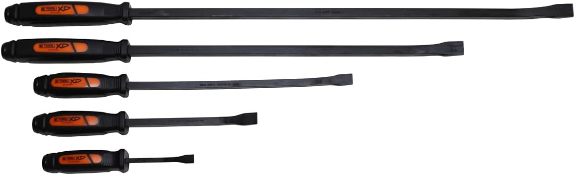 K Tool International XD19005 5 Piece Pry Bar Set; Includes 8", 12", 17", 25" and 31" Tempered Steel Pry Bars with Angled Heads and Organization Tray, Ergonomic Composite Handle, Made in USA, Red/Black