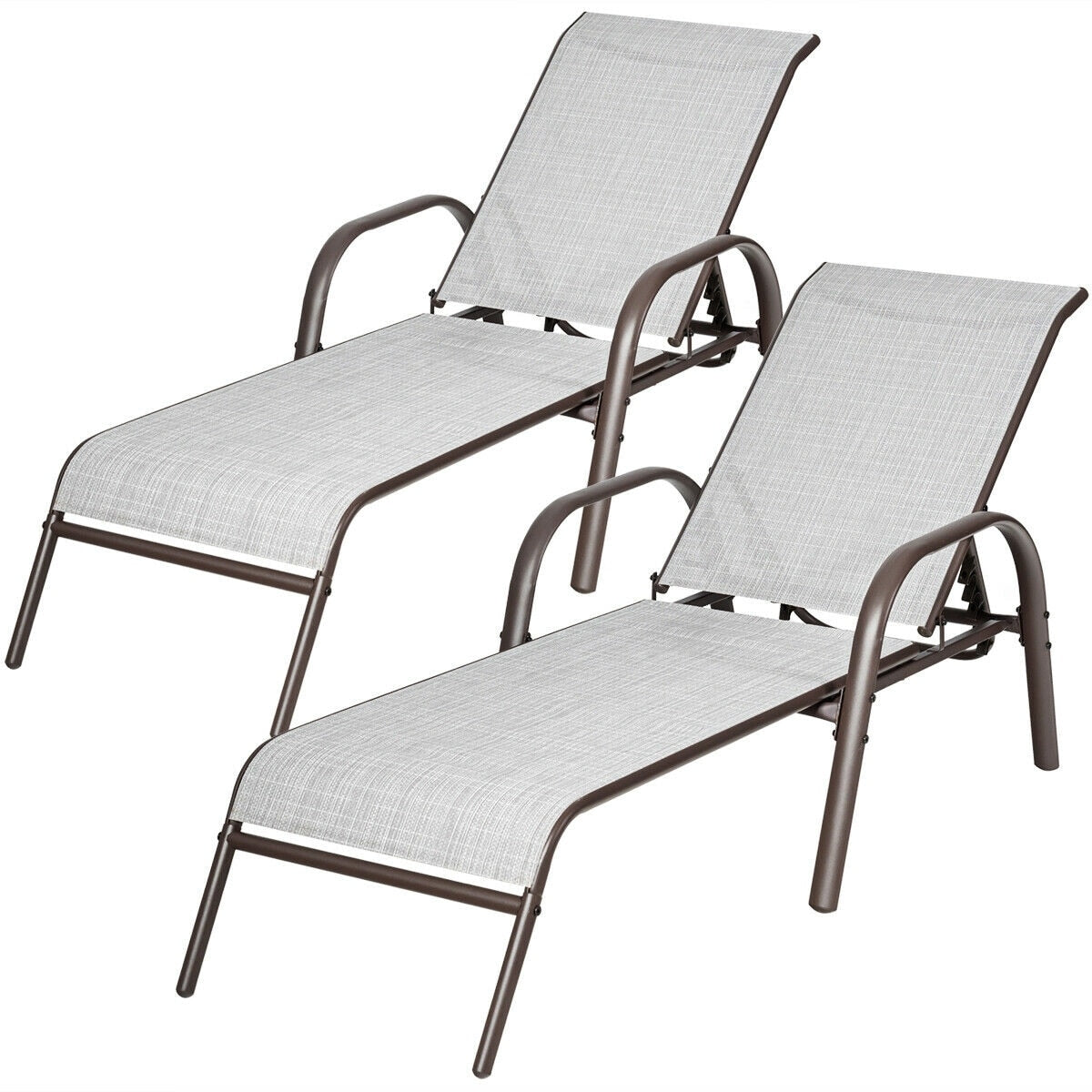 Clihome Pool Lounger Set of 2 Brown Steel Frame Stationary Chaise Lounge Chair with Gray Sling Seat