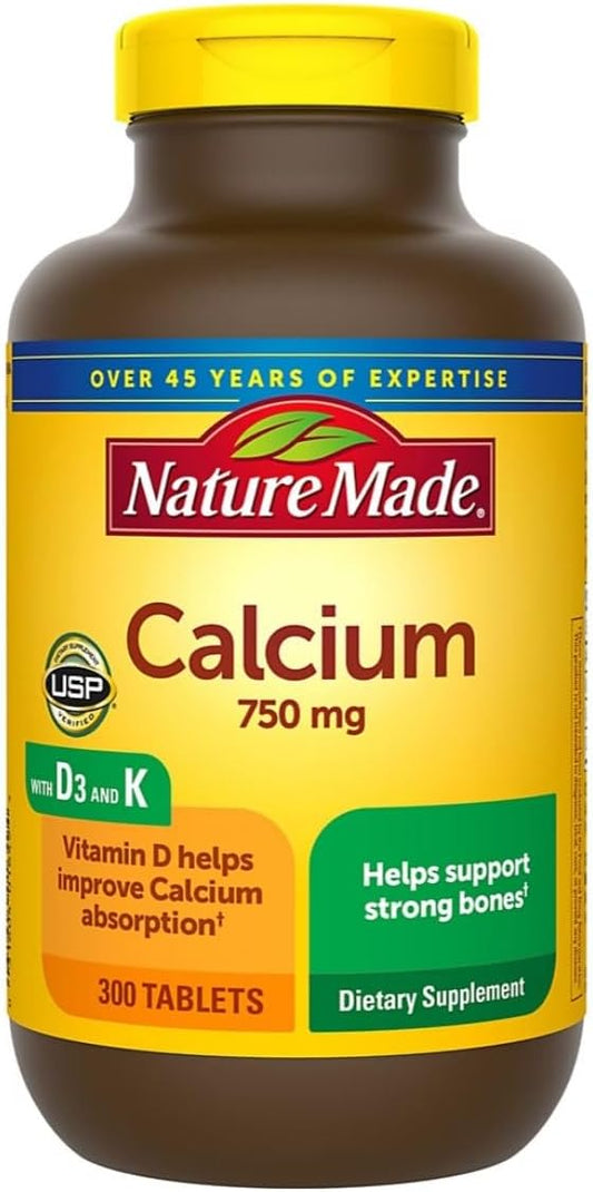 Generic Nature Made Calcium 750 mg with Vitamin D3 and K, Dietary Supplement for Bone Support, 300 Tablets