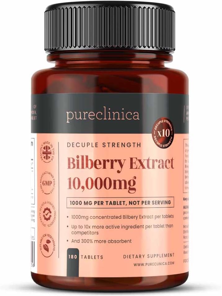 pureclinica Bilberry Extract 10,000mg x 180 Tablets (6 Months Supply)- 10X More anthocyanidin Plus 5mg Black Pepper per Tablet