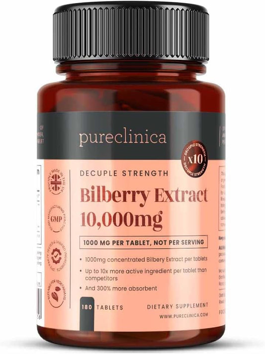 pureclinica Bilberry Extract 10,000mg x 180 Tablets (6 Months Supply)- 10X More anthocyanidin Plus 5mg Black Pepper per Tablet