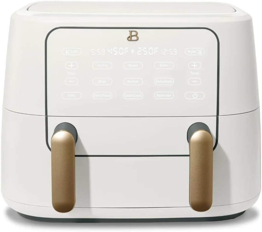 Beautiful 9QT TriZone Air Fryer, Dual Baskets or Single XL Basket, Sync Finish, Touch Display, 1700W, Roast, Bake, Broil, Dehydrate, Reheat, Dishwasher Safe, Drew Barrymore Design (White Icing)