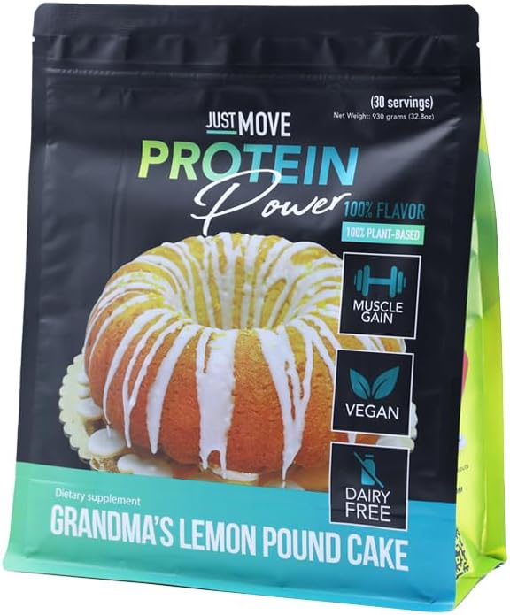 Just Move Protein - Grandma's Lemon Pound Cake - Vegan (Plant Based), Organic, Dairy Free, Soy Free, Gluten Free, Keto, Peanut Free, 20g Protein, Low Carb, Non GMO
