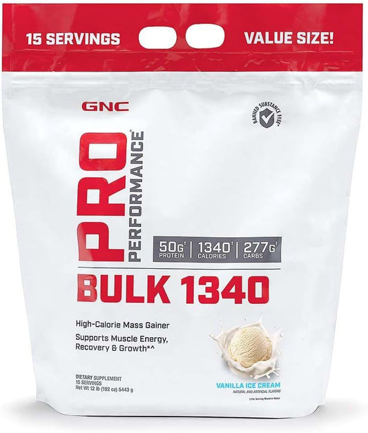 GNC Pro Performance Bulk 1340 Mass Gainer Protein Powder, 50g, Gluten Free, Whey, Creatine, BCAA, 3rd Party Tested, Muscle Recovery & Growth, Micronutrients, Vanilla Ice Cream, 15 Servings