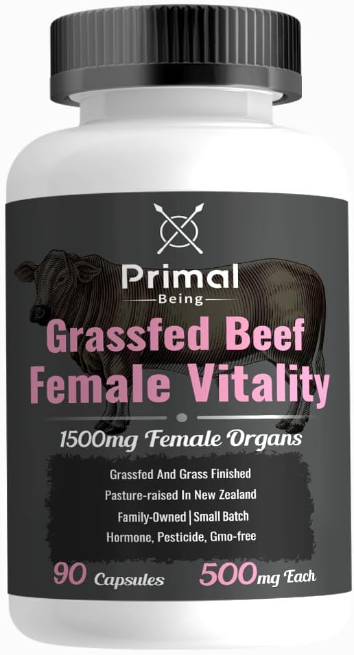 Primal Being Grassfed Beef Female Vitality Supplement- Supports Hormonal Health, Fertility, Inflammation, Energy - 90 Capsules, 1500mg per Serving