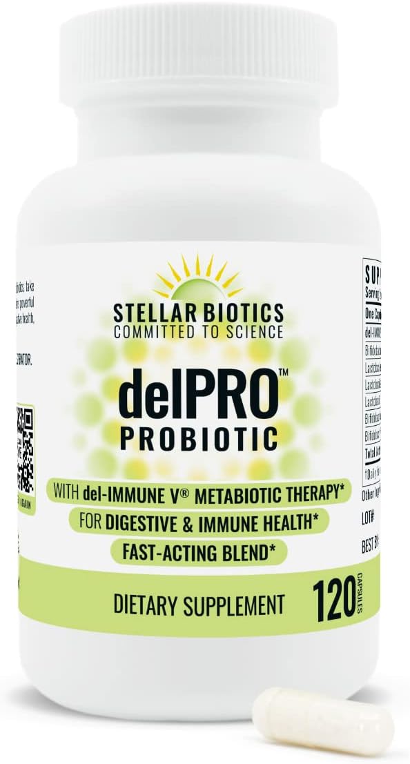 Del-Immune V® + Delpro Probiotic & Prebiotic Blend by Stellar Biotics - Promotes Optimal Gut Health, Digestion, Immune Support & Mood (120 Capsules)