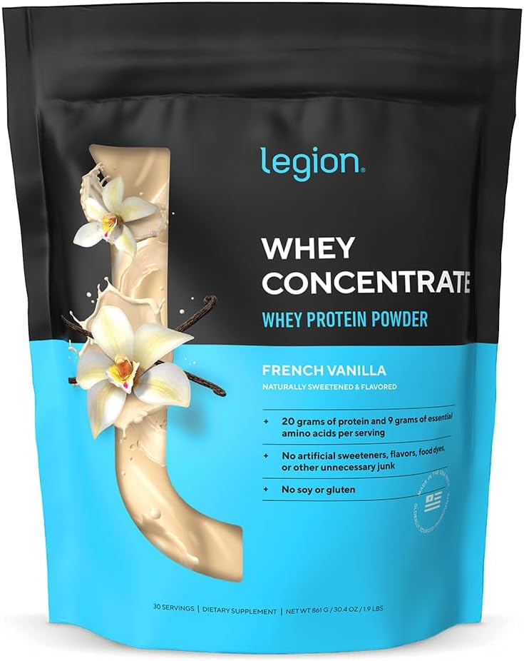 LEGION Whey Protein Powder - Naturally Flavored Whey Protein Concentrate with BCAAs - Supports Muscle Growth & Recovery, Gluten Free, No Added Sugar Protein Powder - Vanilla Flavor (30 Servings)