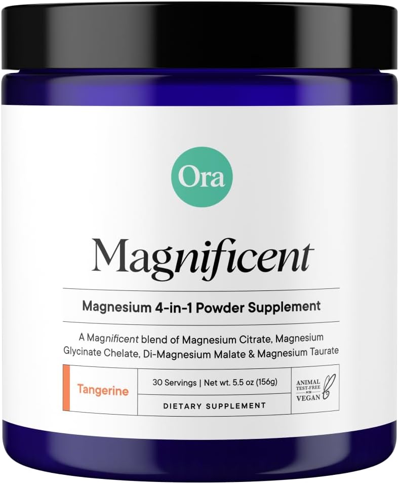 Ora Organic Magnesium Complex Powder Supplement - 4-in-1 Magnesium: Glycinate, Taurate, Malate & Citrate | Vegan, Gluten-Free | Tangerine Flavor | Calm Support for Sleep, Stress & Muscles | 30 Serving
