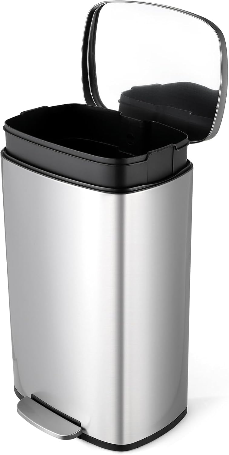 8 Gal Kitchen Trash Can, 30L Recycling or Garbage Bin, Brushed Stainless Steel Waste Basket, Soft&Quiet Close Dustbin, with Step-On Pedal, Removable Inner Bucket, for Home, Office, LIving Room