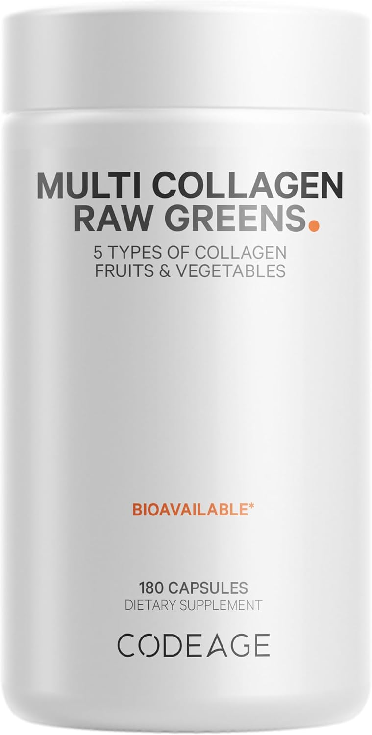 Codeage Multi Collagen Protein + Organic Raw Greens Superfood Capsules Supplement, 21 Fruits & Veggies, Grass-Fed Hydrolyzed Collagen Peptides, 5 Types All-in-One, 180 Count