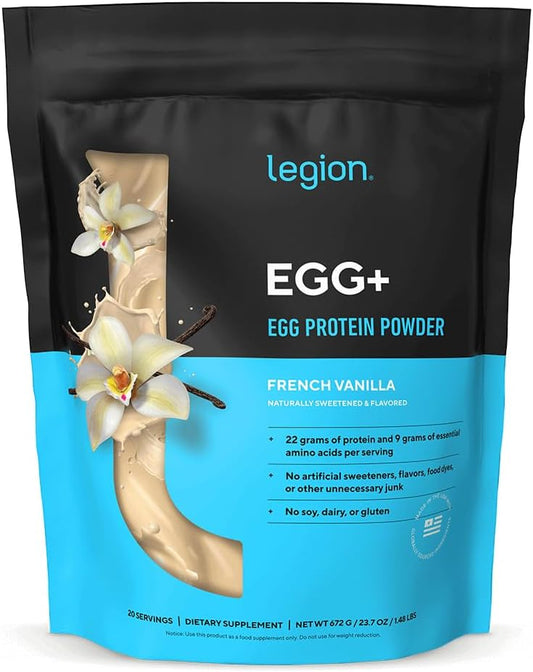 LEGION Egg+ Protein Powder with BCAAs - Naturally Sweetened and Flavored Egg White Protein Powder - Fast Digesting Protein for Muscle Growth and Strength, Vanilla, 20 Servings