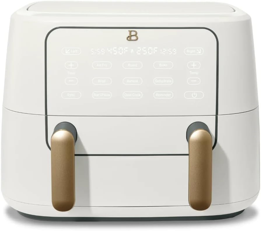 Beautiful 9QT TriZone Air Fryer, White by Drew Barrymore – Dual & Single Zone Cooking, Sync Cook & Finish, 6 Presets, Family Size, Elegant Matte Design, Dishwasher Safe