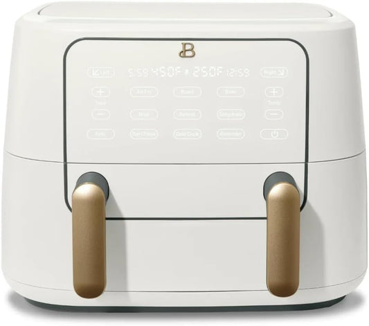 Beautiful 9QT TriZone Air Fryer, White by Drew Barrymore – Dual & Single Zone Cooking, Sync Cook & Finish, 6 Presets, Family Size, Elegant Matte Design, Dishwasher Safe