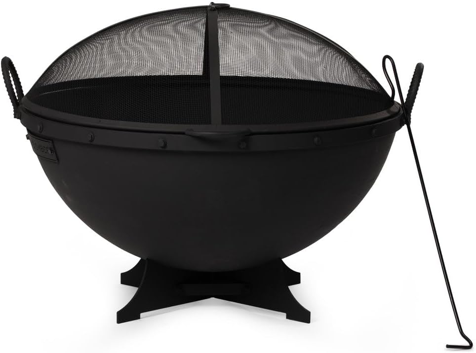 Ash & Ember 32in Hemisphere Fire Pit with Screen and Poker, Cast Iron High-Temperature Black Paint Fire Bowl, Wood Burning Backyard Fireplace, Portable Outdoor Firepit
