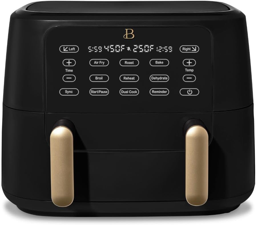 Beautiful 9QT TriZone Air Fryer, Dual Baskets or Single XL Basket, Sync Finish, Touch Display, 1700W, Roast, Bake, Broil, Dehydrate, Reheat, Dishwasher Safe, Drew Barrymore Design (Black Sesame)