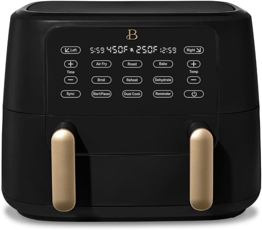 Beautiful 9QT TriZone Air Fryer, Dual Baskets or Single XL Basket, Sync Finish, Touch Display, 1700W, Roast, Bake, Broil, Dehydrate, Reheat, Dishwasher Safe, Drew Barrymore Design (Black Sesame)