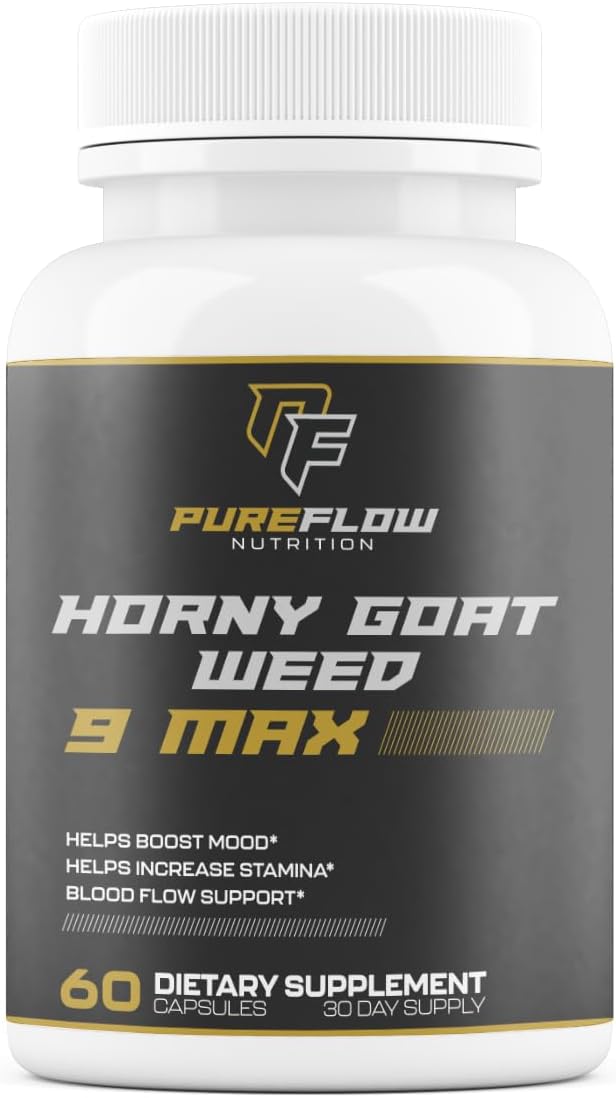 PureFlow 9 in 1 Horny Goat Weed MAX | Fully Dosed Men's Performance Supplement | Pills for Men Fast Acting Blood Flow | 9 Ultra Ingredients for Fast Results/Science Backed - 60 Capsules