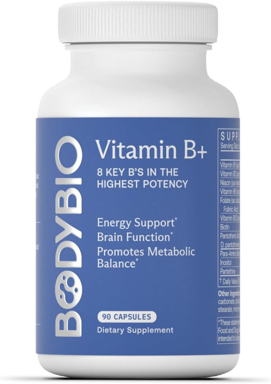 BodyBio - Vitamin B Complex Including B1, B2, B3, B5, B6, Methyl B12, Folinic Acid, 5-MTHF, and B7 to Supports Alertness, Metabolism & Immune System, 90 Capsules