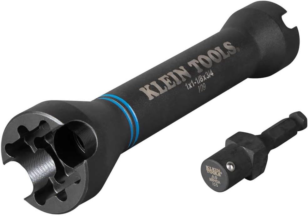 Klein Tools NRHD 5-In-1 Impact Socket, Features Three Square Socket Sizes: 3\/4-,1, and 1-1\/8- Inch, and Small and Large Alignment Slots