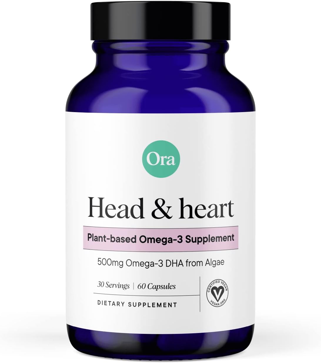 Ora Organic Vegan Omega 3 Supplement - 500mg DHA for Brain, Eye, and Heart Health - Made from Sustainable Algae - 60 Capsules