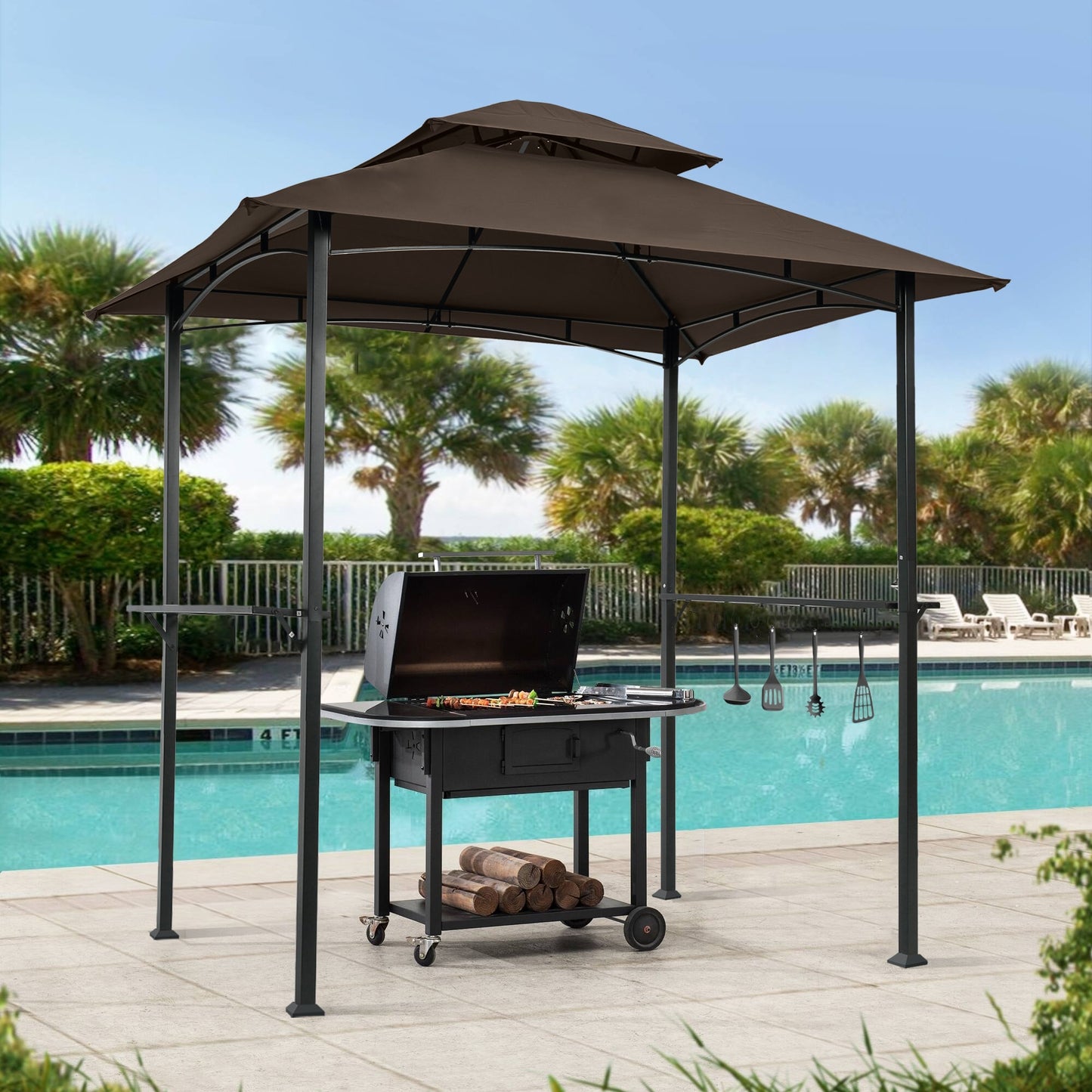 Bayfeve 8-ft x 5-ft Outdoor Grill Gazebo Brown Grill Gazebo with Soft Top Roof